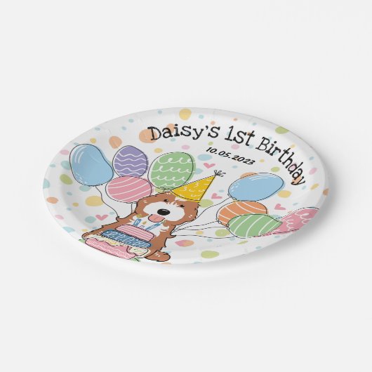 Red White Cockapoo Cavapoo Dog Birthday Pappteller (Schrägansicht)