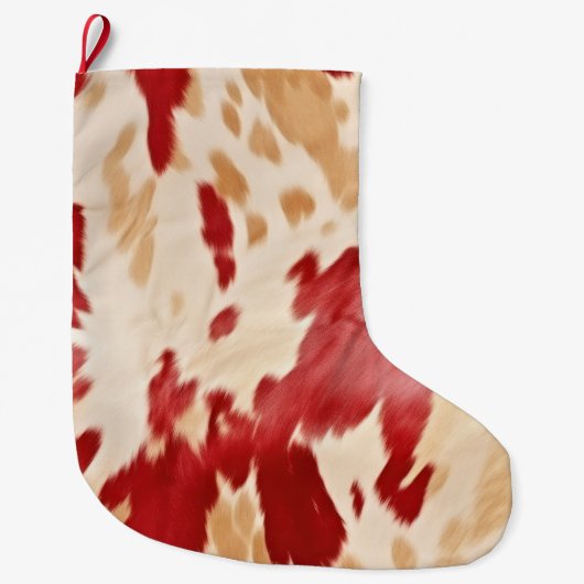Red White Creme Western Cowhide Cowgirl Großer Weihnachtsstrumpf (Vorderseite)
