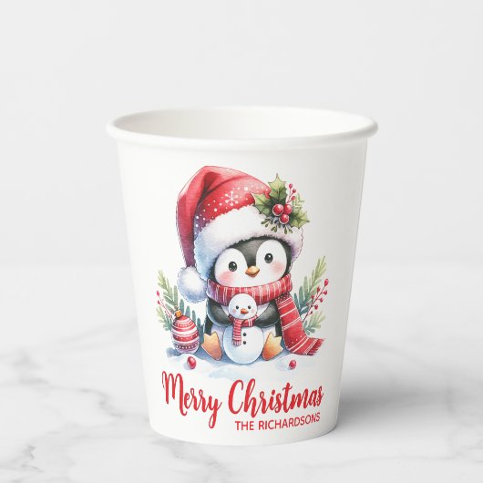 Red White Custom Niedlich Pinguin Frohe Weihnachte Pappbecher (Rückseite)