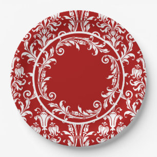 Red White Damask Floral Wirbel Persönlich Pappteller