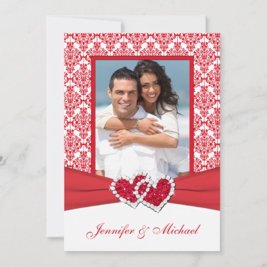 Red & White Damask & Hearts Foto Einladung (Vorderseite)