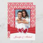 Red & White Damask & Hearts Foto Einladung (Vorne/Hinten)