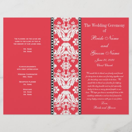 Red White Damask Hochzeitsprogramm (Vorderseite)