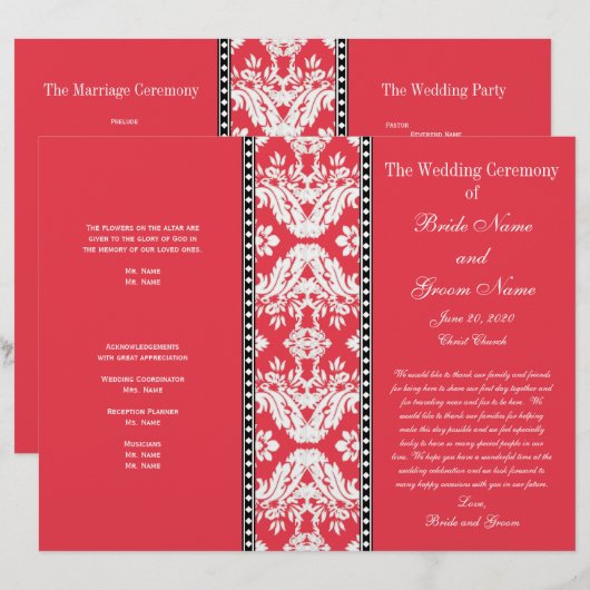 Red White Damask Hochzeitsprogramm (Vorne/Hinten)
