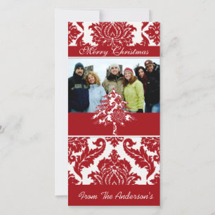 Red & White Damask Pine Holiday Family Pictures Feiertagskarte