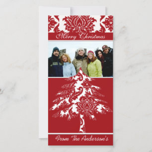 Red & White Damask Pine Holiday Family Pictures Feiertagskarte