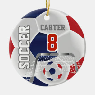 Red, White & Dark Blue Personalize Soccer ⚽ Ball Keramik Ornament