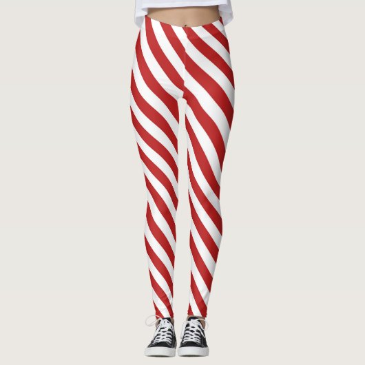 Red White Diagonal Candy Cane Stripes Holiday Leggings (Vorderseite)