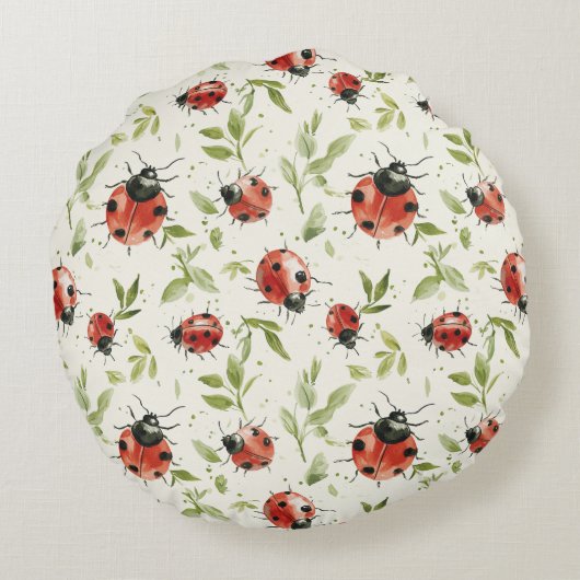 Red White Dots Ladybugs Rundes Kissen (Rückseite)