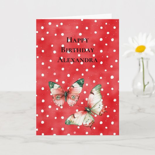 Red White Dots Red Green Butterflies Birthday Karte (Kleine Pflanze)