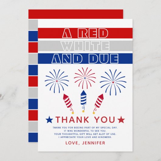 Red White Due 4. Juli Feuerwehr Baby Dusche Dankeskarte (Vorne/Hinten)