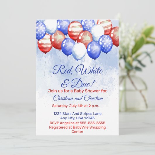 Red White & Due Independence Day Baby Shower Einladung (Stehend Vorderseite)
