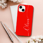 Red White Elegance Calligraphy Script Name Case-Mate iPhone 14 Hülle<br><div class="desc">Red White Elegant Calligrafy Script Custom Personalisiert Name iPhone 14 Smart Phone Cases bietet ein modernes und trendy einfaches und stilvolles Design mit Ihrem personalisierten Namen in eleganten handgeschriebenen Kalligraphieskripttypografie auf einem roten Hintergrund. Entworfen von ©Evco Studio www.zazzle.com/store/evcostudio</div>