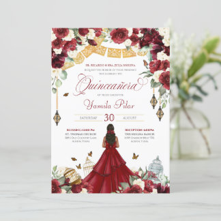 Red White Elegant Floral Butterfly Quinceanera V4 Einladung