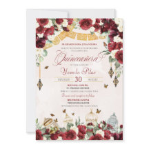 Red White Elegant Floral Butterfly Quinceanera V6 