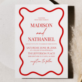 Red White Elegant Wavy Border Wedding Einladung