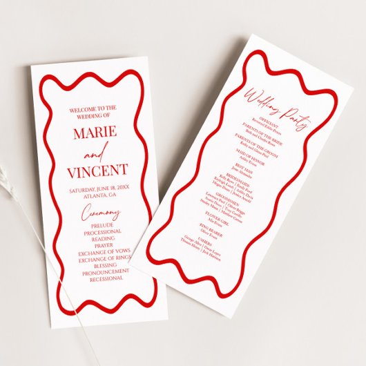 Red White Elegant Wavy Border Wedding Programm