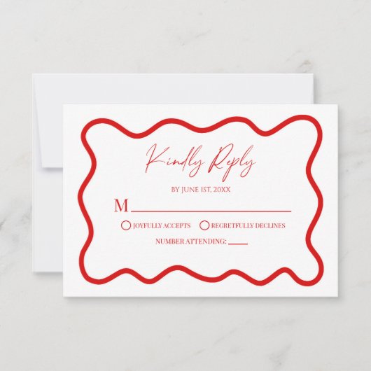 Red White Elegant Wavy Border Wedding RSVP Card (Vorderseite)
