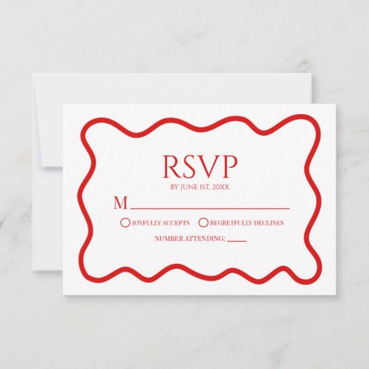 Red White Elegant Wavy Border Wedding RSVP Card (Vorderseite)