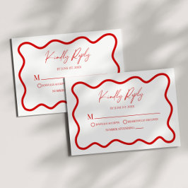 Red White Elegant Wavy Border Wedding RSVP Card