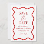 Red White Elegant Wavy Border Wedding Save The Date (Vorderseite)