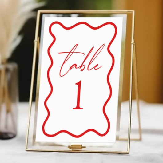 Red White Elegant Wavy Border Wedding Tischnummer
