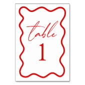 Red White Elegant Wavy Border Wedding Tischnummer (Vorderseite)