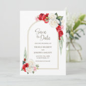 Red White Floral Arch Wedding Save the Date (Stehend Vorderseite)