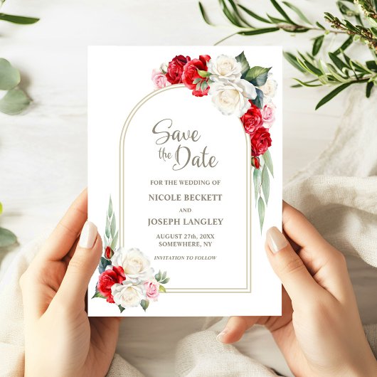 Red White Floral Arch Wedding Save the Date