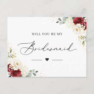 Red White floral be My Bridesmaid proposed card Postkarte