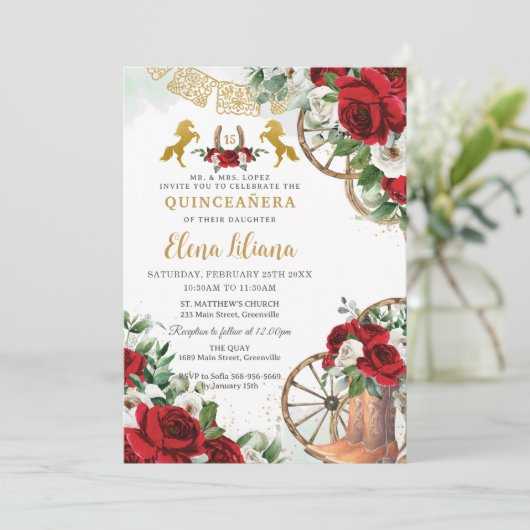 Red White Floral Charra Charra Pferde Quinceañera Einladung (Stehend Vorderseite)