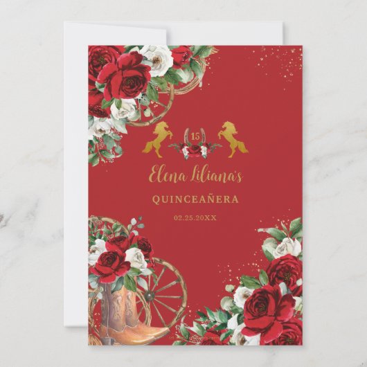 Red White Floral Charra Charra Pferde Quinceañera Einladung (Rückseite)