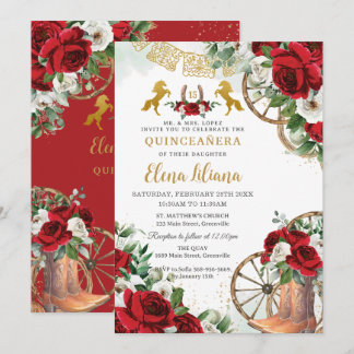Red White Floral Charra Charra Pferde Quinceañera Einladung