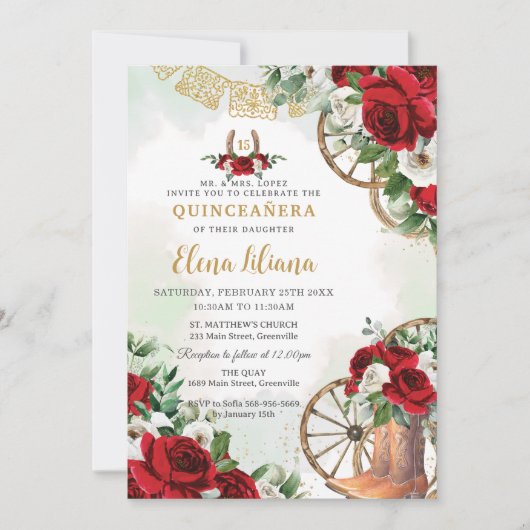 Red White Floral Charro Boots Sweet 16 Quinceañera Einladung (Vorderseite)