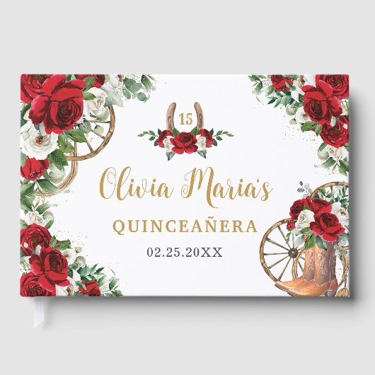 Red White Floral Charro Cowboy Boots Quinceanera Gästebuch (Vorderseite)