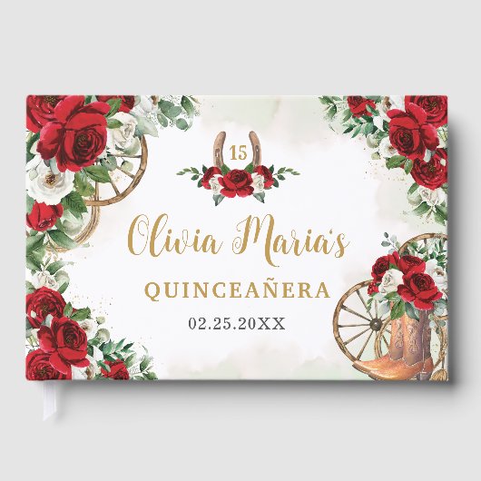 Red White Floral Charro Cowboy Boots Quinceanera Gästebuch (Vorderseite)