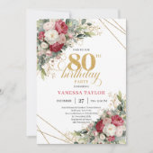 Red white floral chic 80th birthday invitation  einladung (Vorderseite)