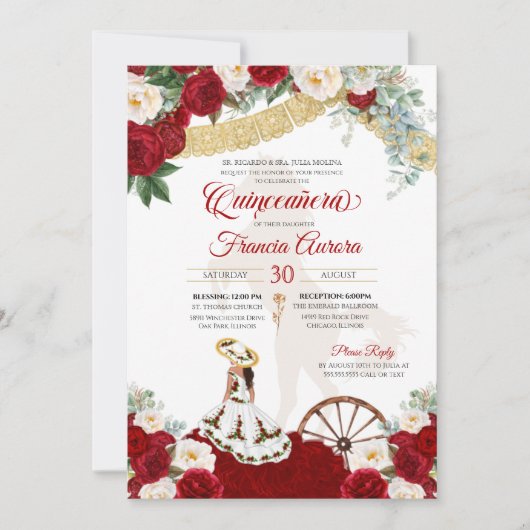 Red White Floral Elegante Gold Charro Quinceanera Einladung (Vorderseite)