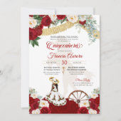 Red White Floral & Gold Elegante Charro Quinceaner Einladung (Vorderseite)