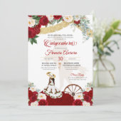 Red White Floral & Gold Elegante Charro Quinceaner Einladung (Stehend Vorderseite)