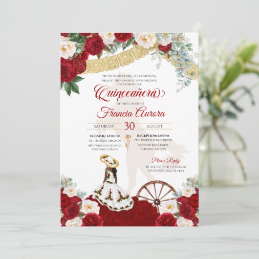Red White Floral & Gold Elegante Charro Quinceaner Einladung (Stehend Vorderseite)