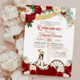 Red White Floral & Gold Elegante Charro Quinceaner Einladung