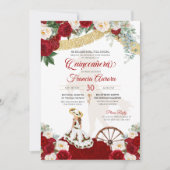 Red White Floral & Gold Elegante Charro Quinceaner Einladung (Vorderseite)
