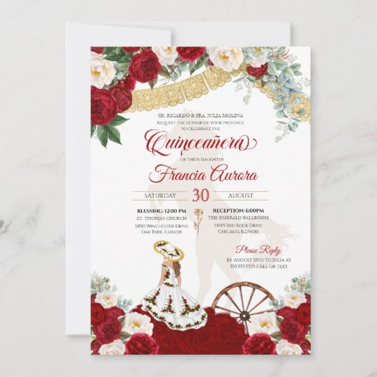 Red White Floral & Gold Elegante Charro Quinceaner Einladung (Vorderseite)