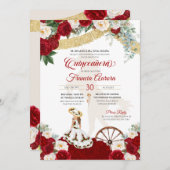 Red White Floral & Gold Elegante Charro Quinceaner Einladung (Vorne/Hinten)