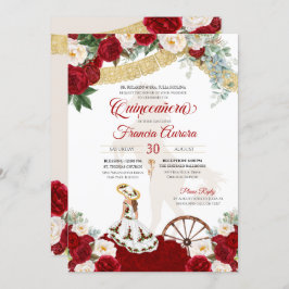 Red White Floral & Gold Elegante Charro Quinceaner Einladung