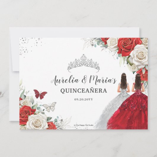 Red White Floral Twins Silver Quinceanera Sweet 16 Save The Date (Rückseite)