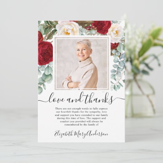 Red White Floral Vielen Dank Bereavement Foto Dankeskarte (Stehend Vorderseite)
