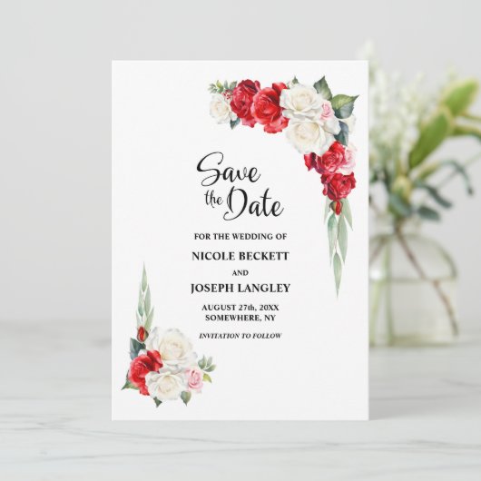 Red White Floral Wedding Save the Date (Stehend Vorderseite)