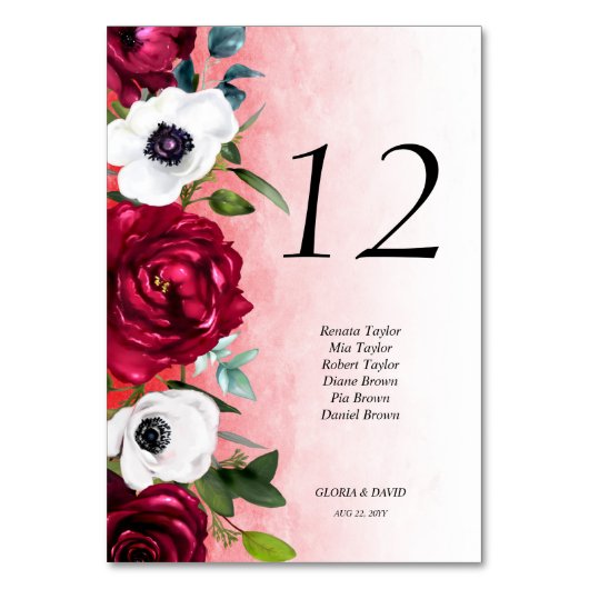 Red White Floral Wedding Tischnummer Card (Vorderseite)